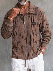 GOLDREDY Men's Casual Long Sleeve Polo Shirt With Textured Design, Vintage Print, Loose Fit Sweatshirt, Suitable For Casual Outings, Spring/Autumn New Long Sleeve Top - Brown - View 2