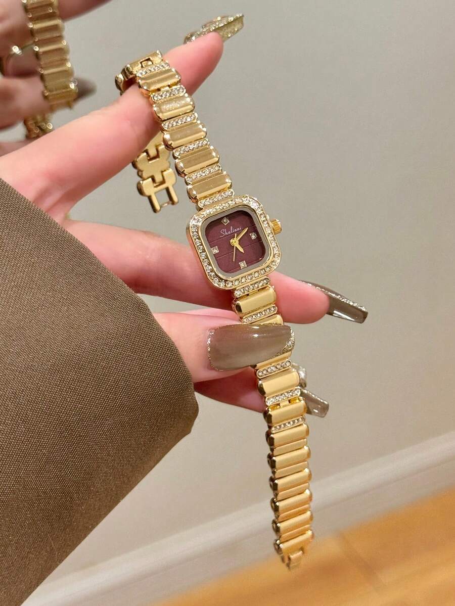 Luxury Square Gold Women's Watch, Deep Red Dial, Diamond-Studded Bezel, Minimalist Markings, Suitable As Daily Gift - Gold - View 1
