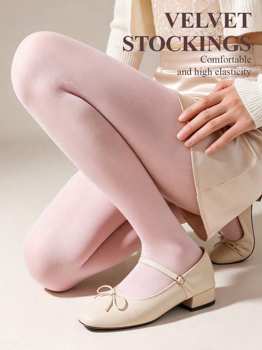 1 Pair Women's Light Pink Velvet Tights, High Elasticity Slimming Anti-Snagging Leggings, Suitable For Dating, Photography, Spring And Autumn - Pink - View 1