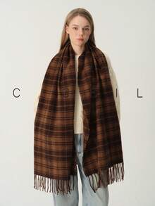 1pc Women's Vintage Fashionable Dual-Color Plaid Casual Versatile Polyester Scarf, Warm For Autumn/Winter Daily Wear - Khaki - View 15