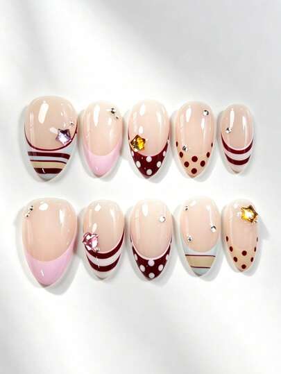 10 piezas de uñas postizas de almendra hechas a mano puras multicolor, estilo vintage Y2K cool, lunares, rayas, punta francesa y decoraciones de estrellas con strass para mujeres y niñas, uso en primavera, verano, otoño, invierno, festivales, fiestas y vida diaria