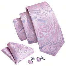 5Pcs Men Pink Paisley Jacquard Tie Pocket Square Cufflinks Ring Tie Clip Set, Random Cufflink Pattern, Suit Accessories For Wedding - Pink - View 5