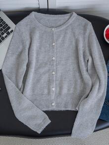 Autumn/Winter New Korean Style Casual Knit Cardigan, Sweet Grey Round Neck Open Front Soft Cropped Fitted Button-Up Solid Color Outerwear - Grey - View 8