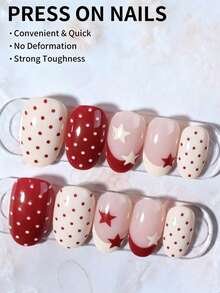 24pcs Short Oval Star Point Nail Stickers, French Acrylic Material, Perfect Fit - Burgundy - View 2