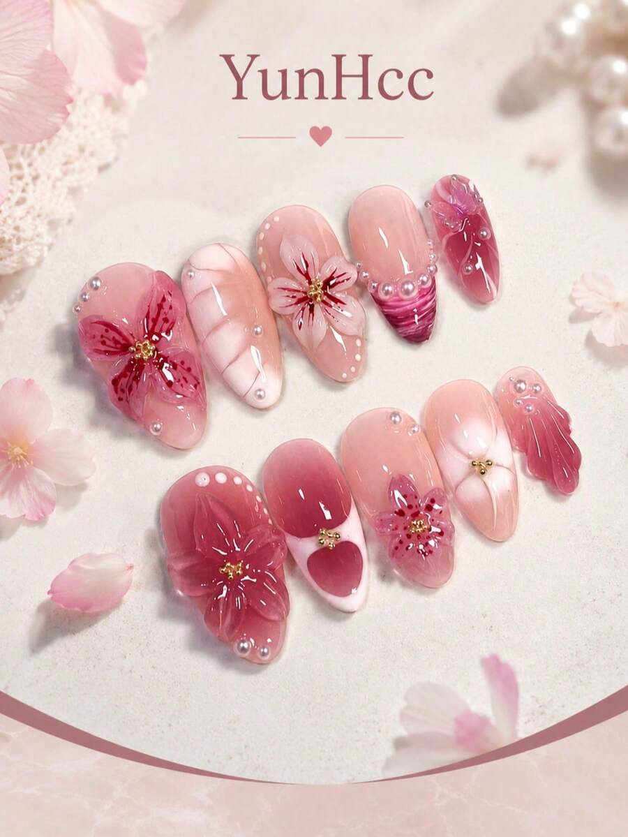 10 piezas Conjunto de uñas postizas de estilo Y2K con flores 3D de degradado, decoración de cristal de onda de agua brillante, que cubre toda la uña, con herramientas, adecuado para mujeres/niñas para fiestas, baile, uso diario, regalo perfecto