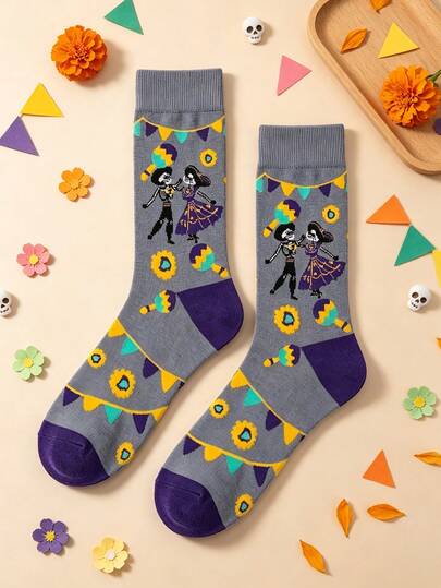 1 Pair Of Men Crew Sock, Day Of The Dead Dancing Skeleton Maraca Graphic Socks, Autumn Winter Wear, Halloween Christmas Holiday Gift