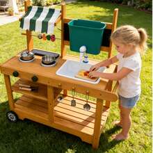 ROBUD Mud Kitchen With Rolling Wheels And Fabric Awning For Kids 3+ - Burnt Orange - View 2