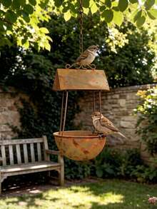 1pc Rusty Iron Bird Bath & Feeder, Vintage Rainproof Automatic Feeding Station, Large Capacity Leak-Proof Bird Food Container - Bird Feeder - View 2