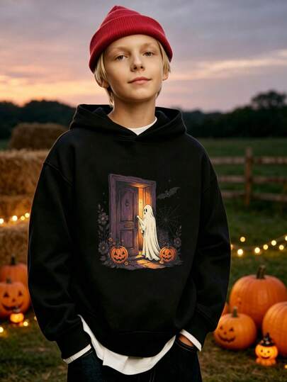 Boys' Halloween Hoodie, 1-Piece, Trick-Or-Treating Little Ghost Halloween Pullover, Boys' Everyday Party Sweatshirt - Festive Gift