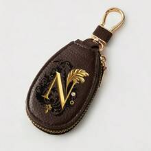 Litchi Pattern Key Bag -Black Gold Letters A-Z Car Key Protection Cover,PU Key Storage Clip,Zipper Bag,Car Key Storage Device,Car Keychain,Unisex Gift - Multicolor - View 15
