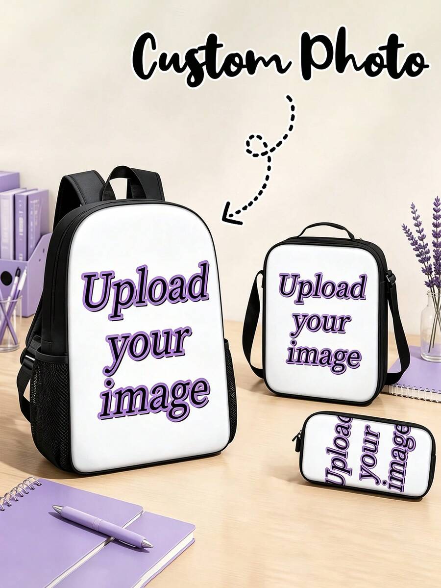 Custom Made Personalized Picture Design Backpack With 3 Pieces Set: Backpack, Shoulder Bag And Lunch Bag Lightweight School Bookbag Suitable For Travel - Multicolor - View 1