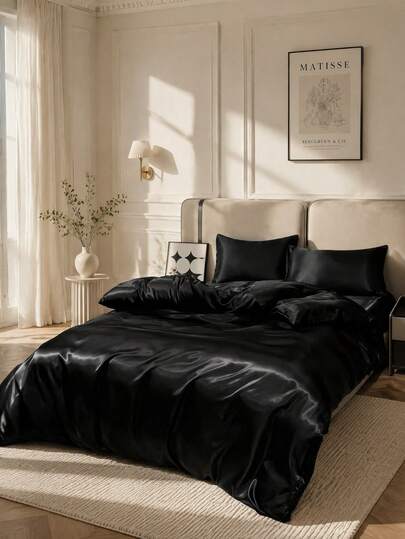 3-Piece Premium Black Silky Satin Bedding Set, Soft And Breathable, Wrinkle-Resistant, Better For Sleep, Luxury Hotel Style, Gift For Parents And Friends, Includes 1 Duvet Cover, 2 Pillowcases