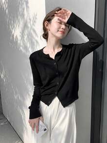 Stylish Women's Round Neck Long Sleeve Black Cardigan, Knitted Button Front Short Top, Versatile For Fall And Winter Wardrobe - Black - View 8