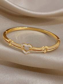 1pc Elegant Hollow Heart Series Bangle Bracelet For Women Luxury Zirconia Golden Copper Bangle For Daily Party Valentine Birthday Christmas Jewelry Gift - Multicolor - View 5