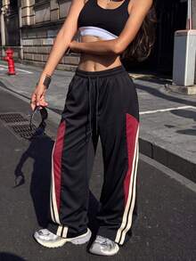 Knot & Curve Women's Long Pants Spring/Autumn Drawstring Elastic Waist Colorblock Striped Patchwork Wide Leg Draped Athletic Sweatpants Versatile Casual Pants - Black - View 3