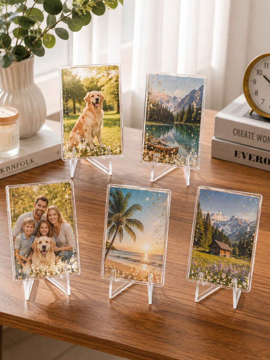 5/10 Sets (Base + Photo Frame) Transparent Acrylic Photo Frame With Transparent Display Base, Floating Photo Frame Display Stand, Suitable For Home Photos, Pet Photos And Landscape Photos, Desktop Home Decor - Multicolor - View 1