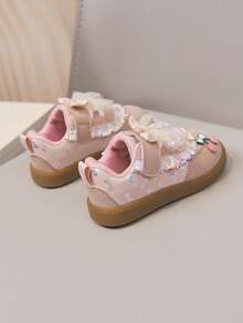 Girls Style First Walker Shoes, Lace Mesh Large Bow Soft Sole Hook And Loop Baby Shoes - Pink - View 6