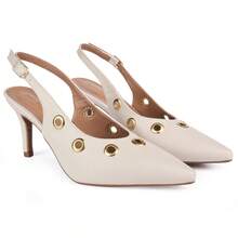 Scarpin Slingback Feminino Bico Fino Salto Médio 7,5cm Detalhe Ilhós Elegante Festa Trabalho Luxo - Branco - Visão 3