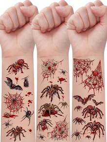 10 Sheets, Halloween Temporary Tattoo Stickers, 130pcs Blood Spider, Bat, And Spider Web Patterns, Waterproof Realistic Fake Tattoos For Body, Arms, And Thighs, Suitable For Party Costume Makeup - Multicolor - View 2