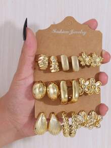 3-9 Pairs Water Drop Flower Multi-Layered Earrings Set, Versatile Daily Wear Floral Stud Earrings - Gold - View 9