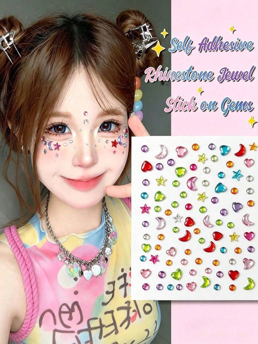 1 Set Colorful Star Moon Heart Face Rhinestone Sticker Set With Tweezers, Self-Adhesive Face Gem Stickers For Music Festival Party Eye Makeup Decoration - Multicolor - View 1
