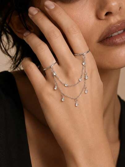 1pc Double Layer Water Drop Pendant Finger Ring, High-End Rhinestone Ring, Party Accessory