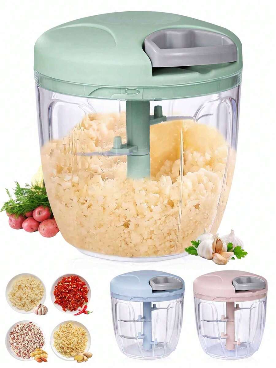 Manual Garlic Press With 5 Blades, 900ml Capacity, 500ml Garlic Grinder, Manual Meat Mincer, Household Rope-Style Vegetable Chopper, Garlic Paste Kitchen Accessory, Pink