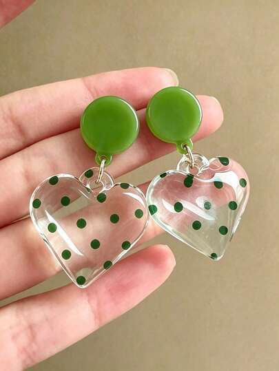 1 Pair Green Round Clear Polka Earrings For Women, Fresh Playful Statement Accessory For Banquet, Travel, Daily Outfits