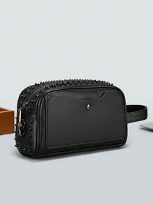 Rivet Men's Clutch Bag, Personalized Contrast Color Design, Multiple Colors Available, Lychee Grain Waterproof Fabric, Large Capacity Layered Interior, Front Snap Coin & Card Slot, Convenient Hand Strap. Street Punk Style, Daily Commute, Travel Storage For Phone, Wallet, Keys, Fashion Versatile Casual Portable Toiletry Clutch - Multicolor - View 10