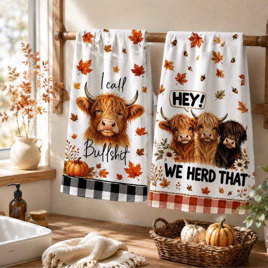 2/4/6pcs Highland Cow Autumn Theme Printed Kitchen Napkins, Cute Hand-Drawn Style, Soft And Easy To Clean, Highland Cow, Pumpkin, Maple Leaf Patterns, Home Decor, Autumn Home Gift, Suitable For Bathroom Decor, Kitchen Decor, Kitchen Accessories - Multicolor - View 1