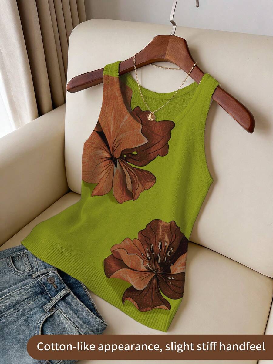ASHKATIA Women's Plus Size Vintage Print Round Neck Knit Tank Top, Regular Length Casual Vest, Suitable For Autumn Wear Fall - Green - View 1