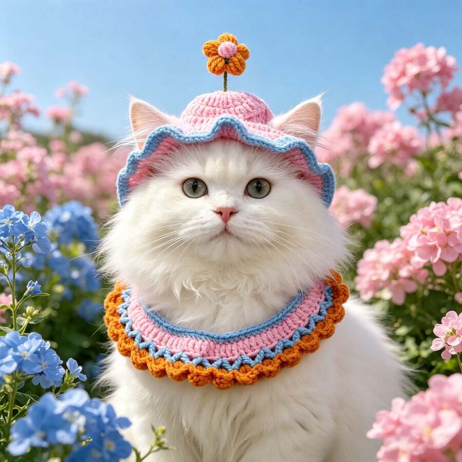 Handmade Woven Pet Hat & Bib Set, Adjustable Tie, Sun Hat + Drool Bib, Cat Photo Prop, Daily Styling Accessory For Small And Medium Dogs And Cats - Multicolor - View 1