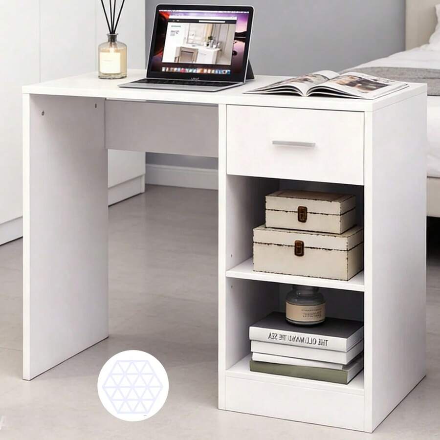 100cm Length Computer Desk, Study Writing Table, PC Laptop Desk With 1 Drawer And 2 Shelves - White - View 1