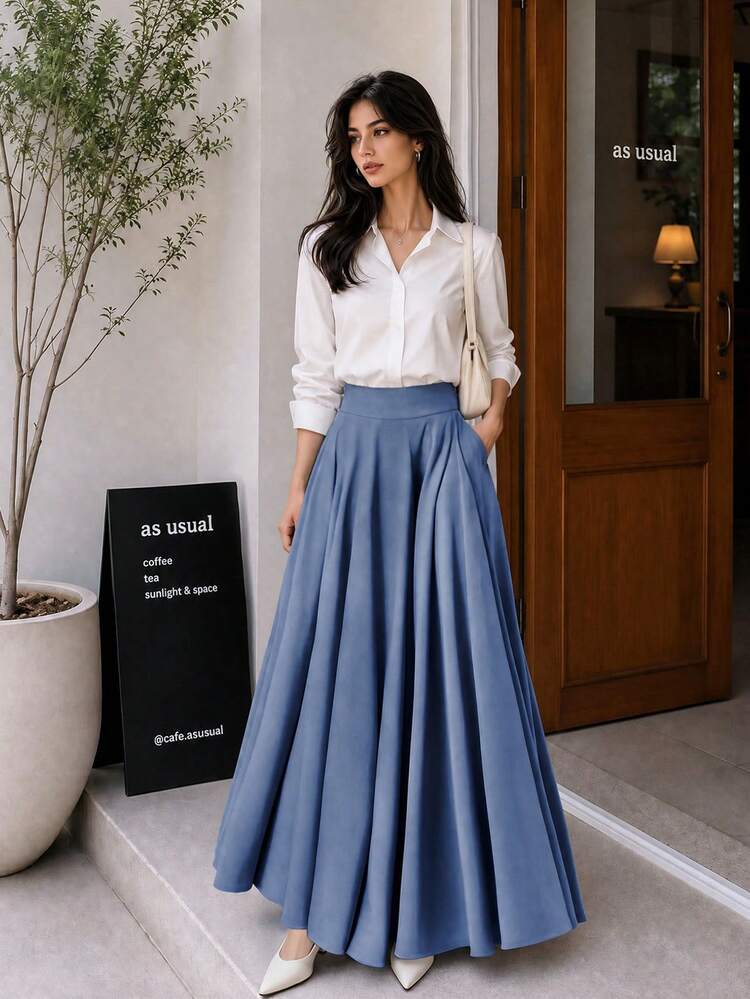 Falda casual de unicolor para mujer, verano y primavera - Neblina azul - Añade 1