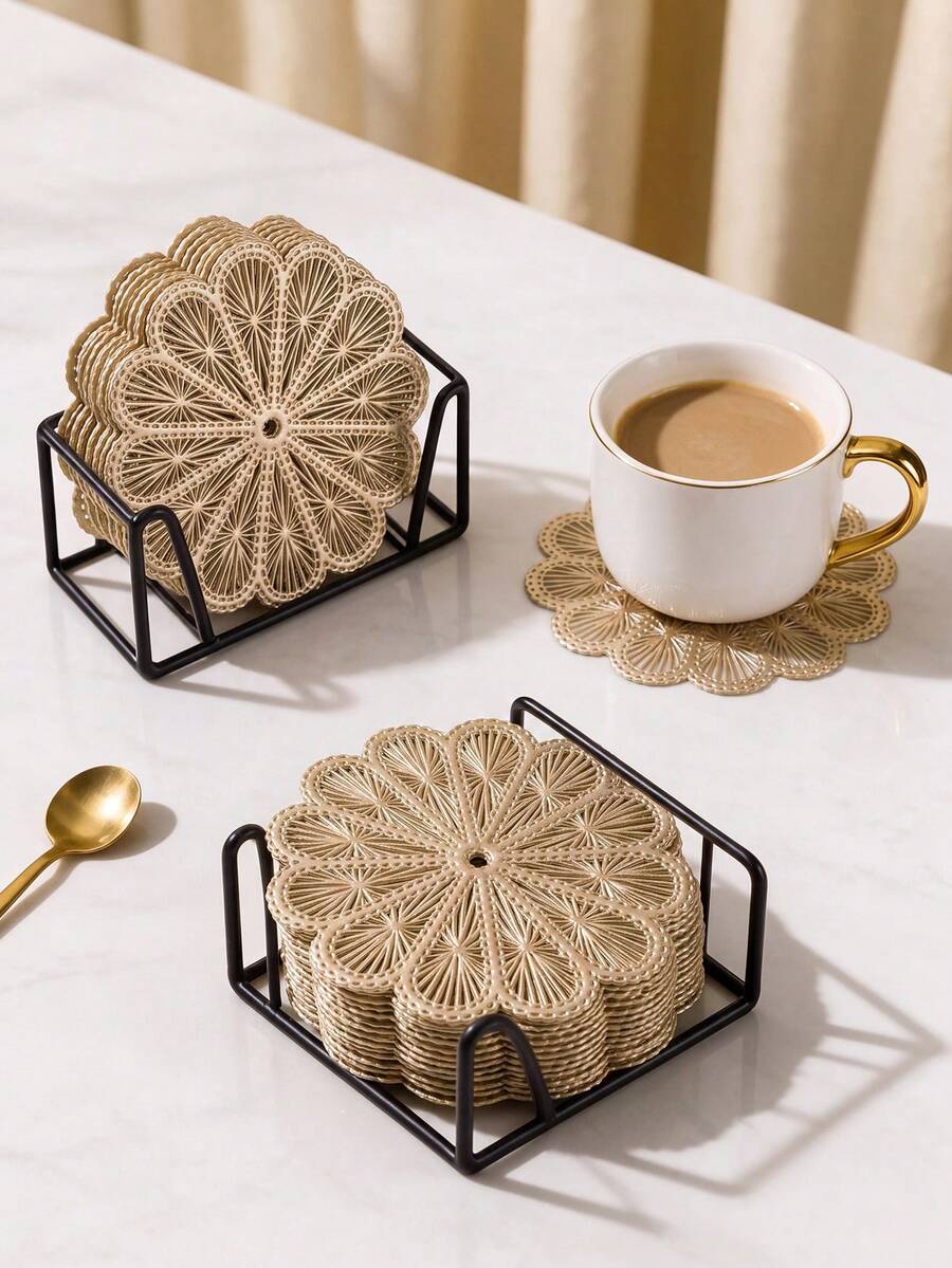 12pcs Gold Hollow PVC Drink Coasters, Washable Table Decor, Non-Slip Table Mat, Breathable And Heat Dissipating, Lightweight And Easy To Store, Suitable For Restaurant, Cafe, Homestay, Afternoon Tea, Holiday, Party, Gathering, Birthday, Wedding, Dinner - Multicolor - View 1