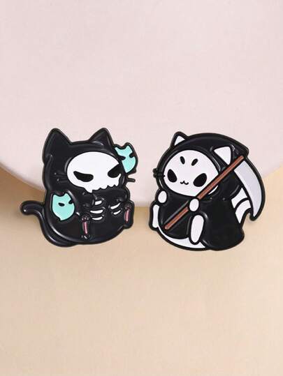 2pcs Cute Halloween Grim Reaper Cat Enamel Pin,Cartoon Skeleton Ghost Cat Badge,Fashion Accessory For Clothes And Backpacks,Halloween Gift For Friends