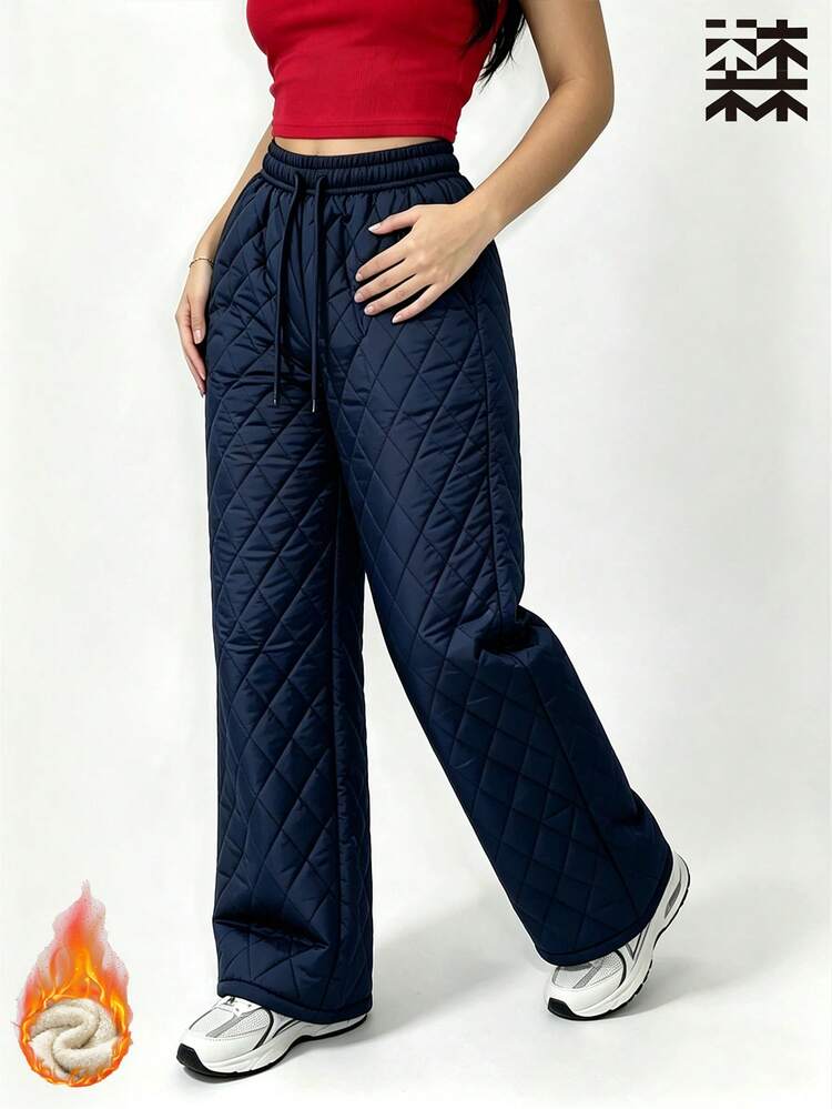 mulinsen Women's Straight Leg Sports Pants, Drawstring Elastic Waist, Fleece Lining, Side Pockets, Warm Loose Fit, Suitable For Fitness, Daily, Outdoor, Streetwear - Navy Blue - View 1