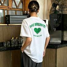 Unisex Oversized Short Sleeve Crew Neck Cotton T-Shirt, White Green Heart "You Breakout You Buy It" Print, Summer Casual Streetwear - White - View 1