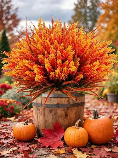 4bunches Artificial Fall Flowers Outdoor,Faux Lavender Flowers With Monkey Grass UV Resistant Plastic Faux Plants Suitable For Garden, Porch, Patio, Home Decor, Kitchen Table Centerpiece, Autumn Harvest Thanksgiving Decoration, Flower Pot, Front Door, Porch, Patio, Window, Yard, Table, Indoor Holiday Decoration. (Autumn-Orange Color)