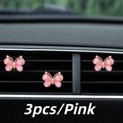3pcs Pink Crystal Butterfly Shaped Car Air Vent Clip, Fragrance-Free Metal Frame Air Vent Decoration Ornament