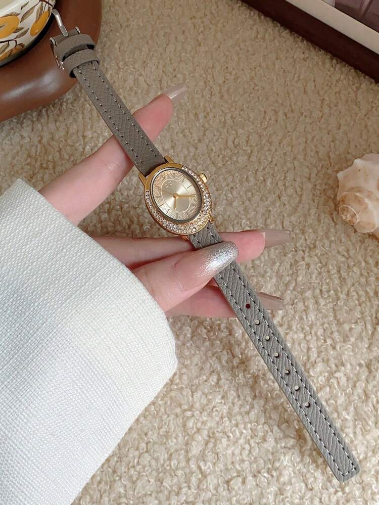 1pc Minimalist Gold Dial Bar Index Oval Strap Women's Quartz Watch, Suitable For Daily Wear - Grey - View 3