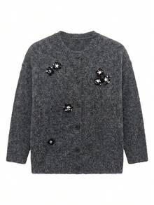 Plus Size Women's Sequin Floral Plush Knit Cardigan, Round Neck Button Front Sweater Jacket, Loose Fit Slimming Daily Wear Black, Autumn/Winter - Black - View 7