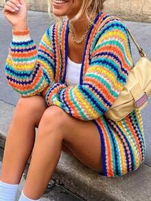 Women's Cardigan, Casual Soft Knit Jacket, Striped Multi-Color Long Sleeve Ruffle Knit Sweater, Autumn Outerwear Spring, Boho Chic - Coral Orange - View 6