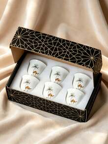 6pcs Camel & Palm Tree Arabic Ceramic Coffee Cup Set, Middle Eastern Mini Kahwa Espresso Cups, Home & Gift - White - View 2