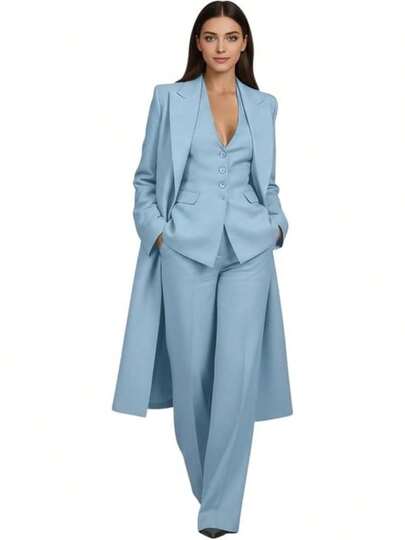 Traje largo de 3 piezas para mujer, color liso, solapa con pico y cuello en V, chaleco para invitados de boda
