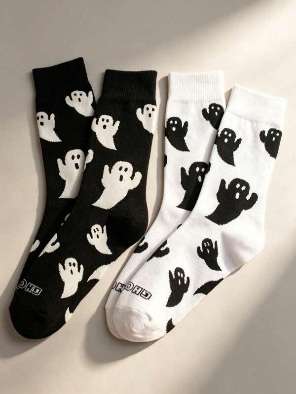 Men's Crew Socks, Cute Cartoon Ghost Print , Ribbed Cuff, Soft Breathable Moisture Wicking, Retro Gothic Style For School, Halloween Party Daily Wear