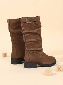 Girls' Brown Suede Mid-Calf Boots With Metal Buckle Slip-On Round Toe, Suitable For Autumn Outings And Shopping - Brown - View 6