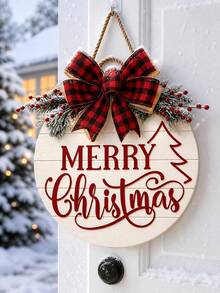 1pc Christmas Party Door Sign Decoration, Christmas Wooden Hanging Ornament, Christmas Decor, Artificial Woven Christmas Wreath, Wooden Door Wreath, Suitable For Home, Garden And Outdoor Holiday Decoration, Front Door Decor - Multicolor - View 4