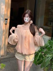 Korean Style Sweet Off-Shoulder Chiffon Blouse, Long Sleeve Women's Top For Early Autumn Pink - Pink - View 7