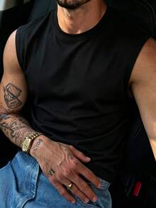Men's Summer Casual Solid Color Round Neck Tank Top - Black - View 3